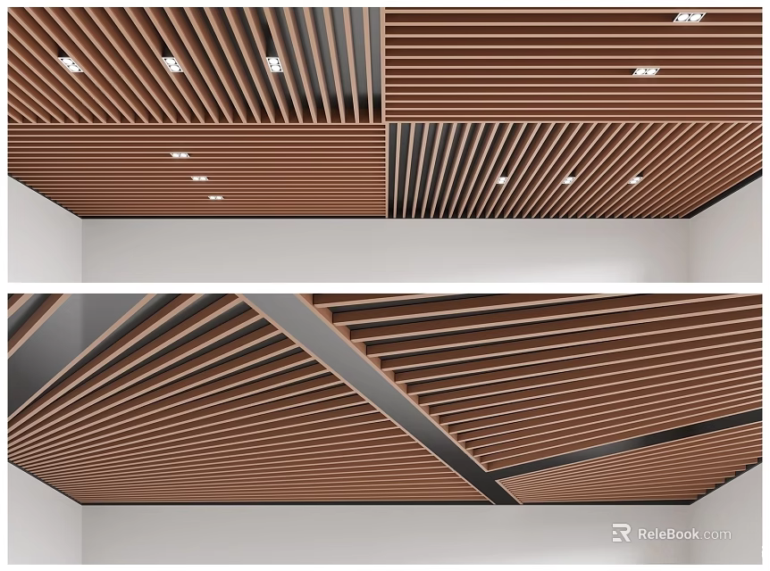 Elegant Modern Ceiling Design With Wooden Slats Layered Structure And Lighting 3d model 