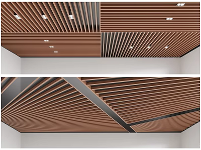 Elegant Modern Ceiling Design With Wooden Slats Layered Structure And Lighting 3d model
