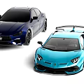 Dark Blue Luxury Sedan And Light Blue Sporty Car With Rear Spoiler Design