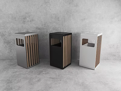 Public Facility Modern Trash Bins With Three Colors Gray Black White And Wooden Stripes Design 3d model