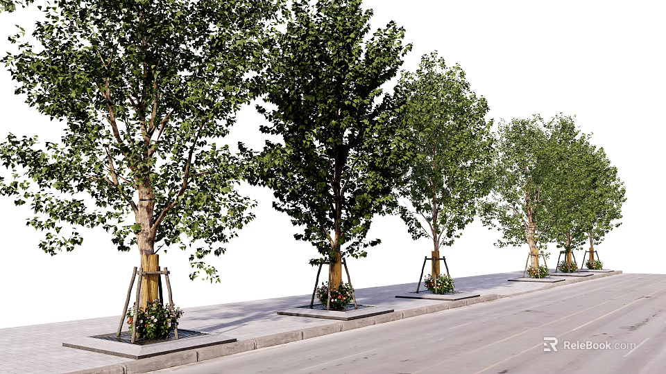 Lush Green Arbor Trees With Trunk Supports Lined Along Street Sidewalk 3d model 