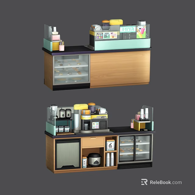 Functional Worktable Featuring Glass Display Cabinets Storage Shelves Drawers Coffee Machine And Refrigerator 3d model