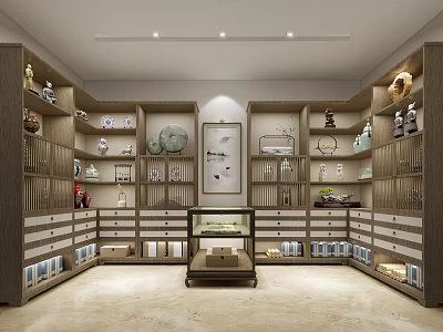Traditional Display Room Interior With Porcelain Decorative Objects And Books On Wooden Shelves 3d model
