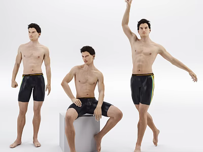 Shirtless Men In Black Swim Trunks With Colorful Stripes In Different Poses 3d model