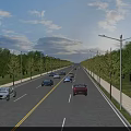 Wide Municipal Road Lined With Trees And Street Lamps With Cars Driving On Clear Day