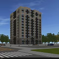 Tall Modern Office Building with Glass and Stone Facade Surrounded by Trees Lawn and Road