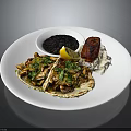 White Ceramic Dining Plate With Tacos Black Beans Lemon Grilled Meat And Rice