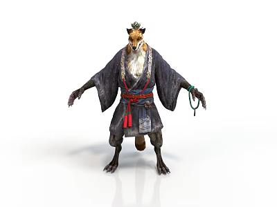 Anthropomorphic Fox Character Wearing Traditional Kimono With Obi And Tassel Details 3d model