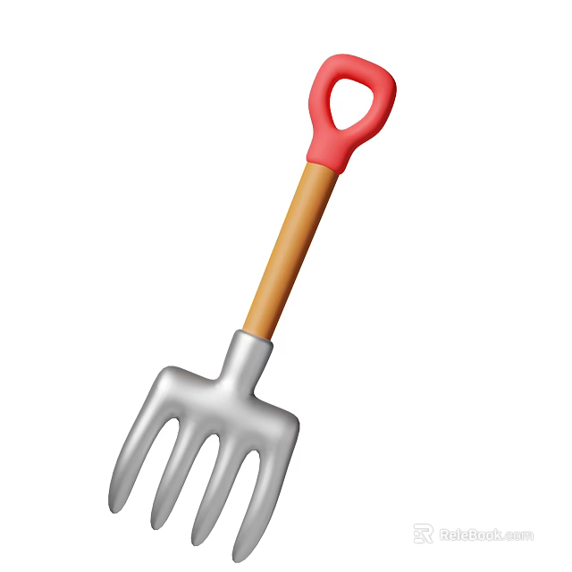 Garden Fork With Red Handle Wooden Shaft And Silver Metal Tines 3d model 