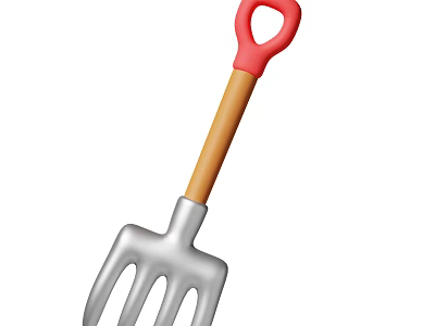 Garden Fork With Red Handle Wooden Shaft And Silver Metal Tines 3d model