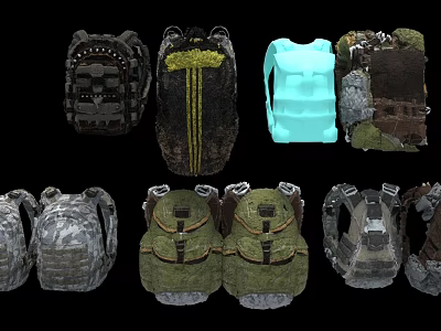 Various Weapon Backpacks in Different Colors and Camouflage Designs for Tactical Use 3d model