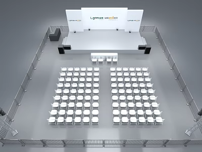 Professional Stage Setup for Lyraea Summit with White Chairs Podium and Surrounding Fencing 3d model