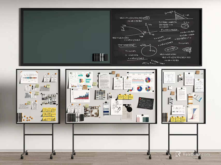 Hanging Paper Notes And Charts On Mobile Whiteboard Stands Below Blackboard 3d model 