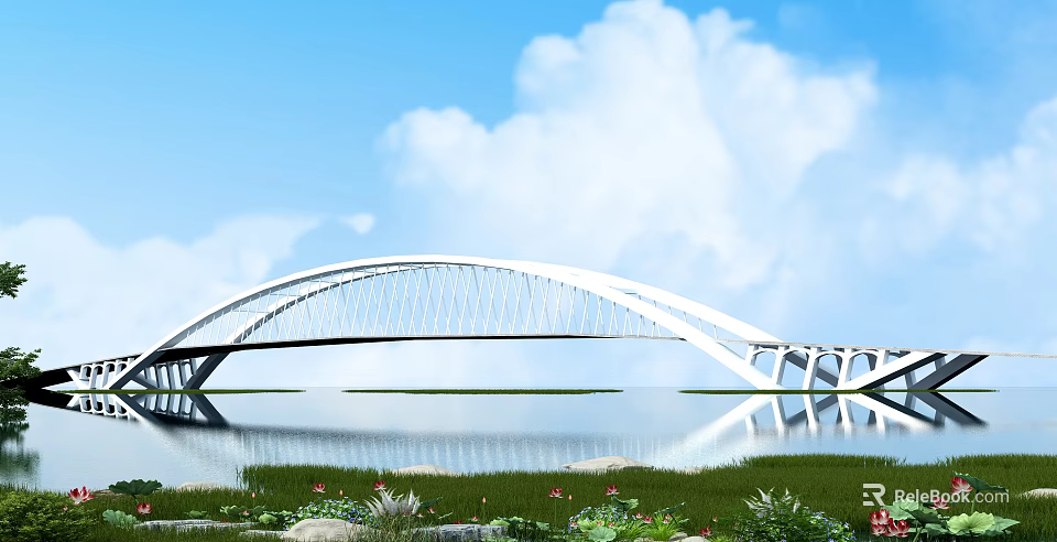 Modern Arch Bridge Design Over Water With Reflective Surface Green Grass And Blue Sky 3d model 