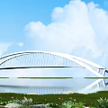 Modern Arch Bridge Design Over Water With Reflective Surface Green Grass And Blue Sky