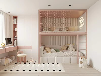 Bright Kids Room Interior With Pink Bunk Bed Sofa Bed Desk Rug And Stuffed Toys 3d model