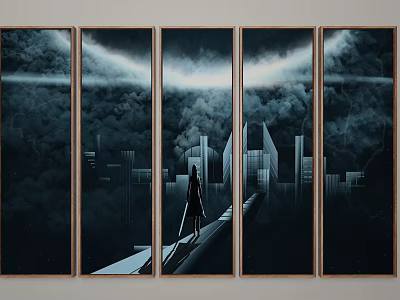 Modern Five Panel Wall Art Depicting Person On Elevated Path With Cloudy Urban Buildings 3d model