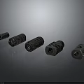 Metal Mechanical Parts Industrial Connectors Arranged On Gray Background With Reflective Surface