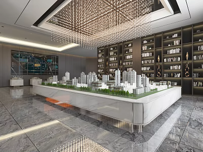 Modern Sales Office Interior With Housing Model Bookshelves Crystal Chandelier And Marble Floor 3d model