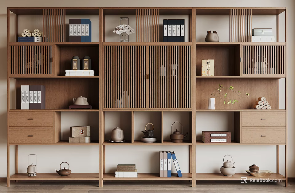 Chinese Style Wooden Curio Shelf With Multilayer Design Decorative Teapots And Books 3d model 