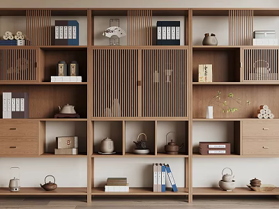 Chinese Style Wooden Curio Shelf With Multilayer Design Decorative Teapots And Books 3d model