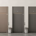 Modern Brown and Gray Elevator Doors with Light Colored Walls and Trash Bins 3d model