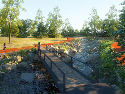 Scenic Park Landscape Featuring Wooden Bridge Over River With Rocks Trees And Red Path 3d model