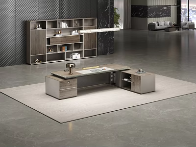Modern Office Desk With Glass Top Wooden Storage And Bookshelf In Contemporary Workspace 3d model