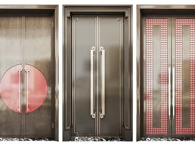Modern Double Doors Design With Wooden Frame Red Circular Accents And Grid Patterns 3d model