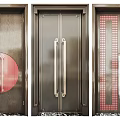 Modern Double Doors Design With Wooden Frame Red Circular Accents And Grid Patterns