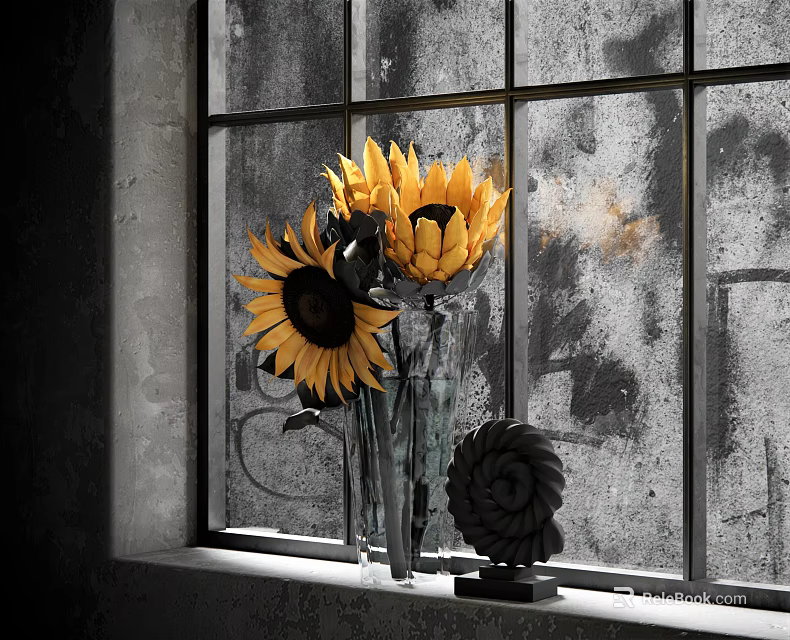 Bright Sunflowers in Glass Vase on Window Sill with Spiral Decoration and Textured Glass 3d model 