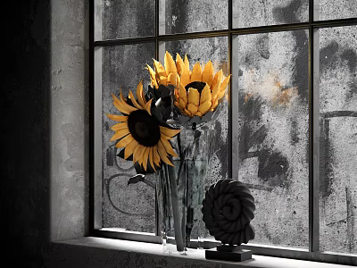 Bright Sunflowers in Glass Vase on Window Sill with Spiral Decoration and Textured Glass 3d model