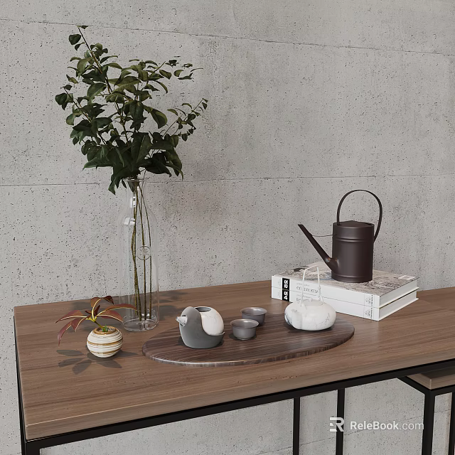 Elegant Tea Set on Wooden Table with Green Plant Glass Vase and Watering Can 3d model 