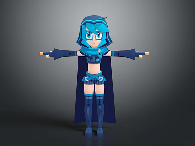 Blue Haired Game Character With Cape Skirt And Long Boots 3D Model Posing Arms Outstretched 3d model