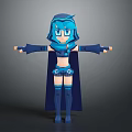 Blue Haired Game Character With Cape Skirt And Long Boots 3D Model Posing Arms Outstretched
