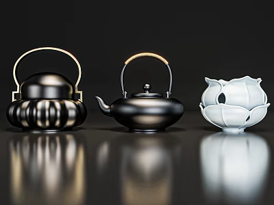 Elegant Modern Tea Set With Black White Ceramic Teapot And Lotus Shaped Cup 3d model