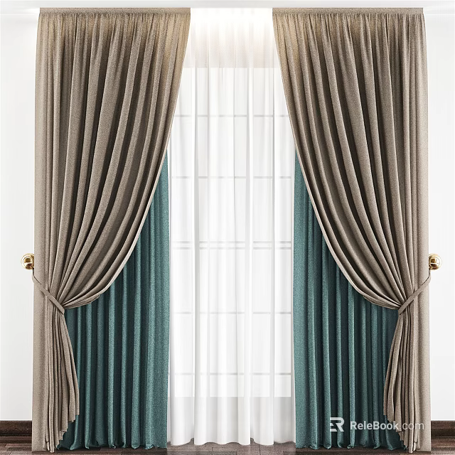 Elegant Double Layer Curtains With Dark Gray Light Green And White Sheer Design 3d model
