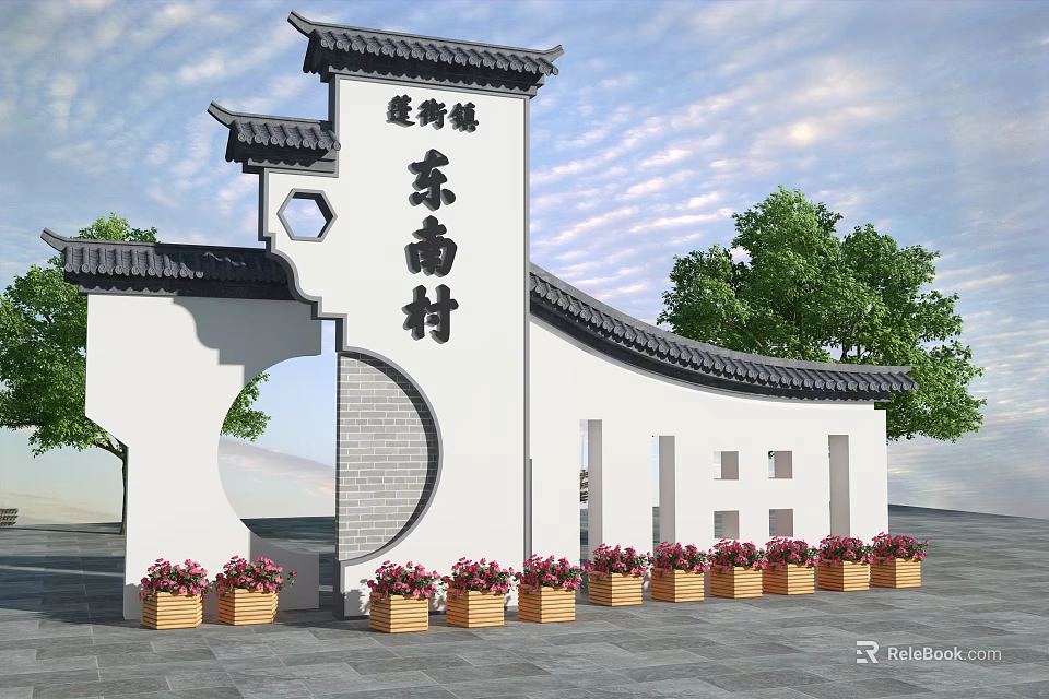 Chinese Style Building Exterior Wall with White Walls Black Tiles Archway and Flower Pots 3d model 