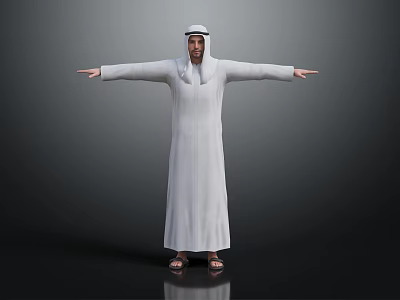 Middle Eastern Man In Traditional White Robe With Headscarf Standing Arms Outstretched On Dark Background 3d model