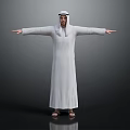 Middle Eastern Man In Traditional White Robe With Headscarf Standing Arms Outstretched On Dark Background
