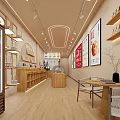 Cozy Dessert Shop Interior With Wooden Counter And Arc Shelves