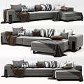 Gray Sectional Sofa With Various Patterned Throw Pillows And Brown Blanket 3d model