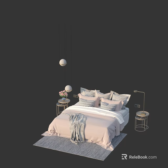 Cozy Double Bed Interior With Soft Bedding Multiple Pillows And Side Tables 3d model