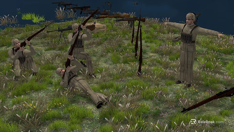 Men in Military Uniforms Preparing Rifles While Standing and Lying on Grassland Field 3d model 