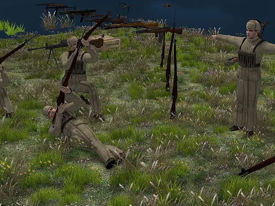 Men in Military Uniforms Preparing Rifles While Standing and Lying on Grassland Field 3d model