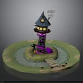 Magical Tower Structure With Round Grass Base Water Pond Wooden Bridge And Cloud Decoration
