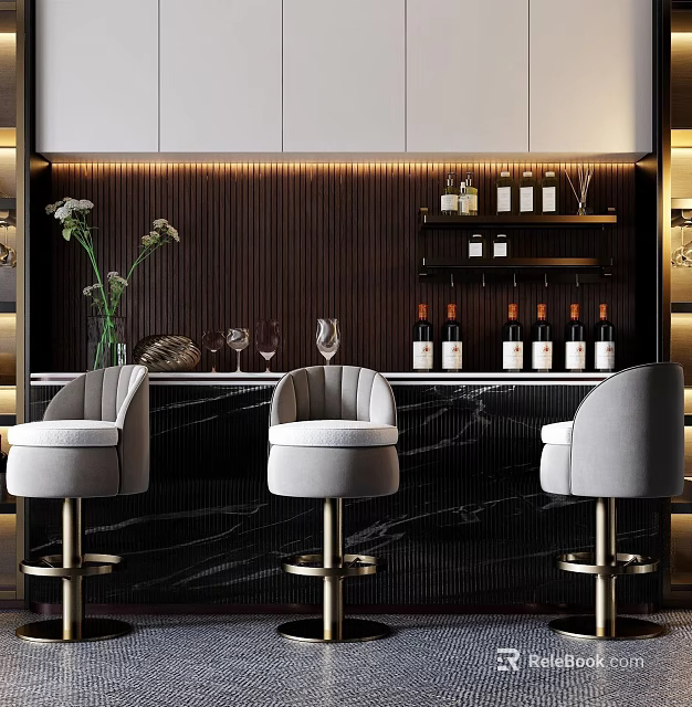 Modern Luxury Bar Counter With Gray Stools Black Marble Top Wine Rack Vase And Glasses 3d model 