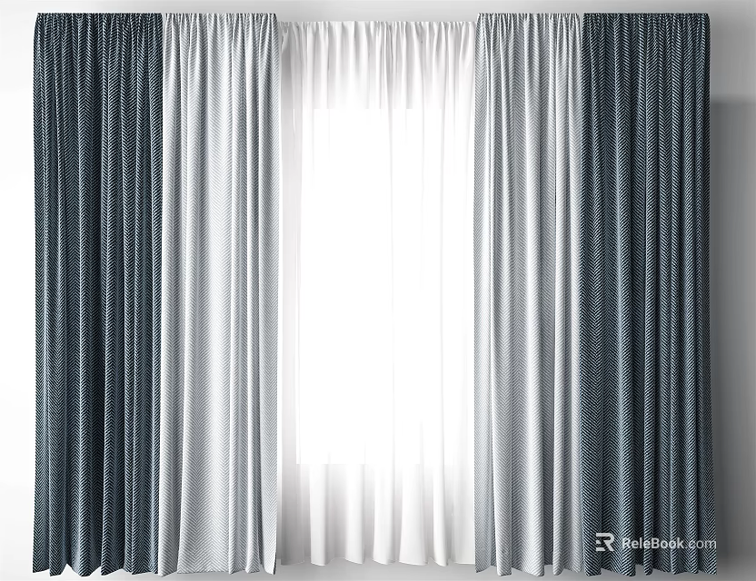 Layered Dark And Light Curtains With Sheer Translucent Panels For Window Treatment 3d model 