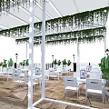 Mall Store Outdoor Dining Space with Hanging Green Vines White Furniture and Wooden Flooring