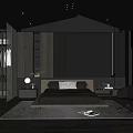 Modern Dark Bedroom Interior With Ribbed Wall Bed Armchair Rug And Open Wardrobe